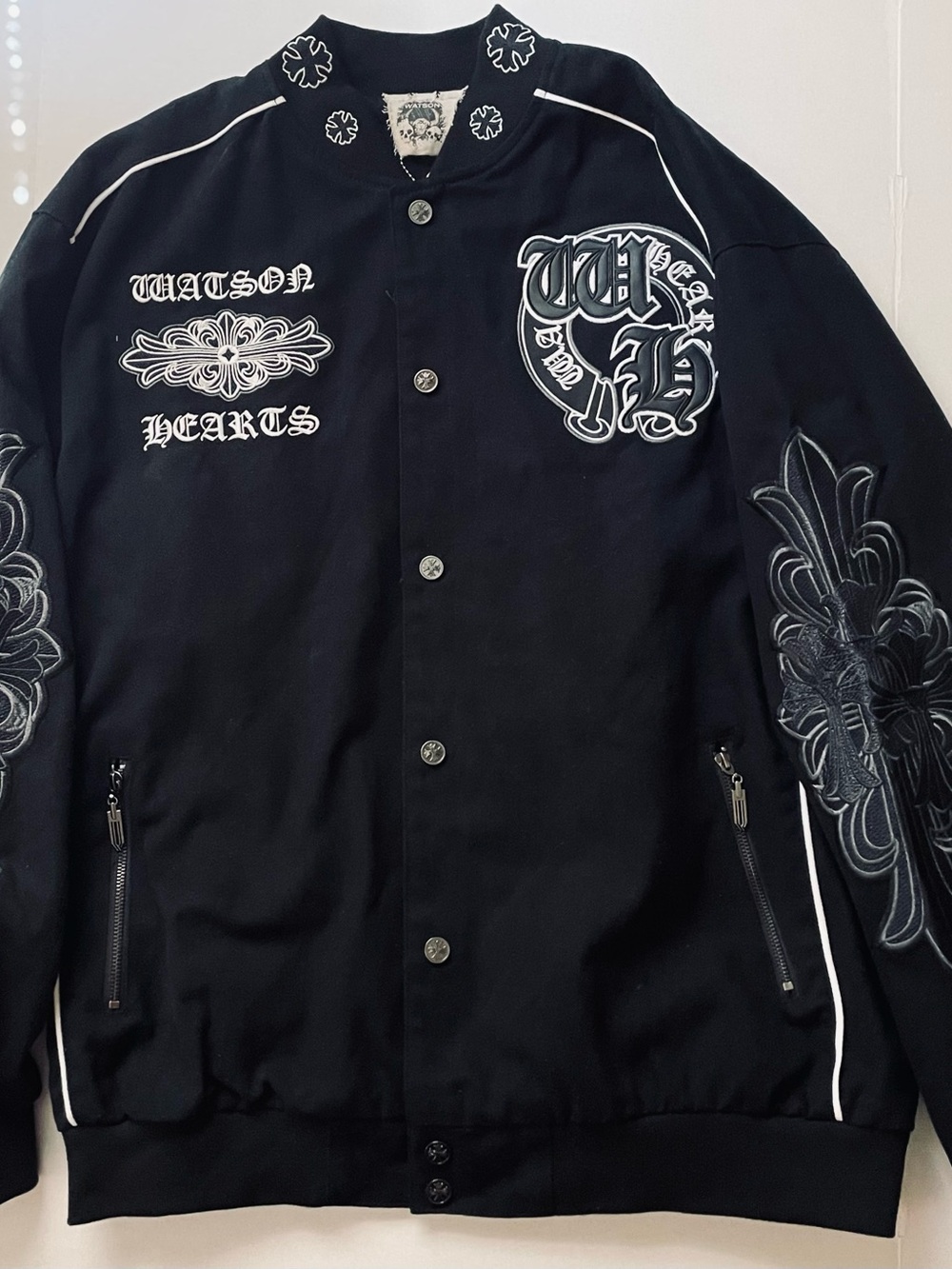 NWT Watson Hearts Heavyweight Gothic Cross Varsity Bomber Jacket - Size 2XL